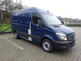 Ein blauer Van auf einem gepflasterten Bereich mit Bäumen im Hintergrund.
